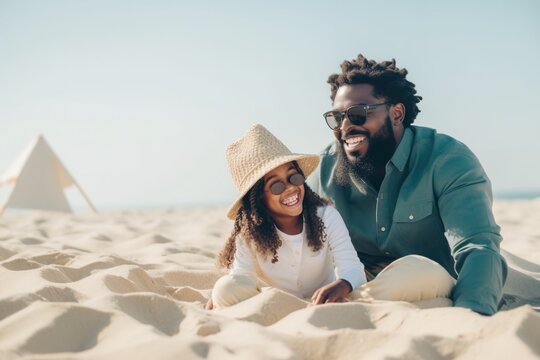 Happy black father and daughter playing on beach