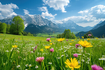 Fototapeta premium Idyllic mountain scenery in the Alps with blooming meadows in springtime