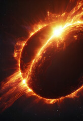 Sun flare.Space background with a red-hot star sun. red and gold sun on a black background of the universe