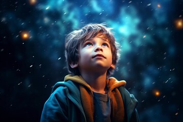 beautiful child contemplating the stars engrossed