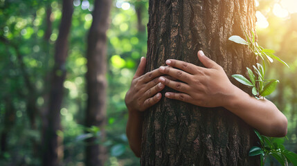 Hands hugging a tree in the forest. Love nature concept.