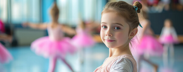 Little girl is learning ballet in ballet class - obrazy, fototapety, plakaty