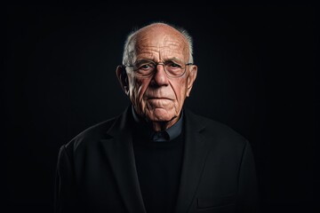 Portrait of an old man with glasses on a black background.