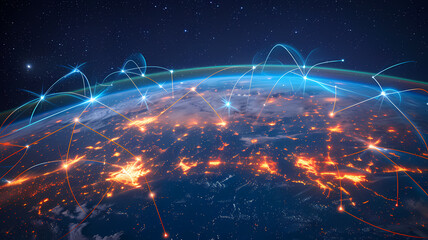 Global business network with world map and connecting flight paths - obrazy, fototapety, plakaty