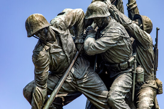 Washington D.C., USA; June 2, 2023: The Marine Corps Battle of Iwo Jima war memorial with hero soldiers carrying the American flag.