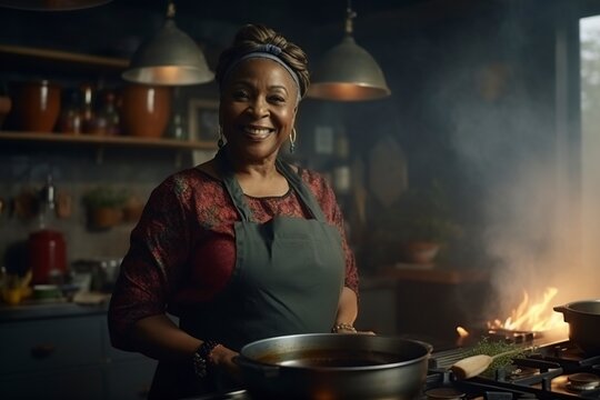 black mature woman cooking in culinary business