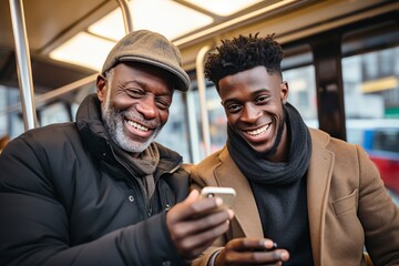 black man and a caucasian man looking at their mobile phones together - obrazy, fototapety, plakaty