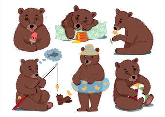 Set of Summer stickers with cute little bears. Hand-drawn colorful flat vector illustration.