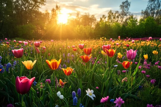 Sun-kissed fields with a burst of colorful spring flowers