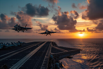 Military aircraft carrier ship with fighter jets take off during a special operation
