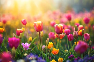 Obraz premium Sun-kissed fields with a burst of colorful spring flowers