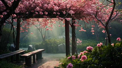 Tranquility in a garden adorned with spring blossoms