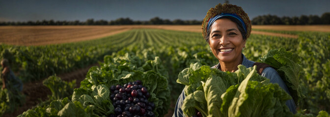 Middle aged female farmer smiling and working in agricultural field portrait, harvesting organic vegetables, space for text
 - obrazy, fototapety, plakaty