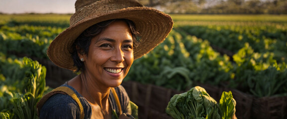 Middle aged female farmer smiling and working in agricultural field portrait, harvesting organic vegetables, space for text
