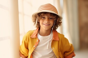 Portrait of cute little boy in summer hat listening to music with headphones