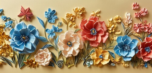 Create an image featuring dainty crimson, sky blue, and peach paper Quilling flowers. Solid gold background. Solid white border. Photo-realistic. - obrazy, fototapety, plakaty