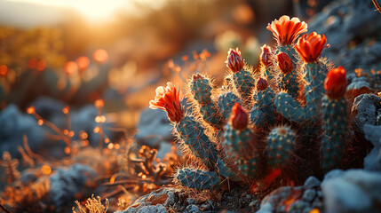 Cactus in the desert at Sunset | Backlit Peaceful photography | Bright Colorful Nature |  - obrazy, fototapety, plakaty