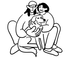 cartoon couple with dog in doodle style. template for print advertising poster sticker icon illustration. people in lines