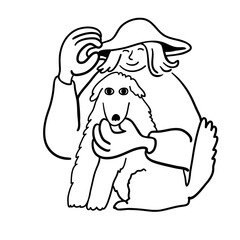 cartoon girl with a dog in doodle style. template for print advertising poster sticker icon illustration. people in lines