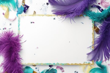 Frame with feathers and confetti on a white background. Top view
