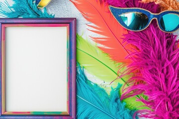 Colorful feathers with frame and carnival mask on white background.