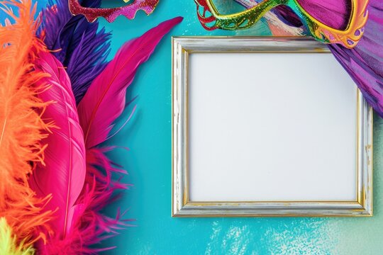 Background with photo frame, feathers and carnival masks