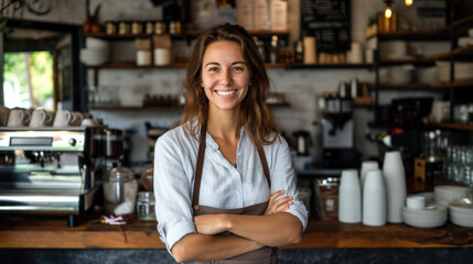 Portrait of smiling young female barista with crossed arms in apron near coffee shop counter. Business concept, consumerism.