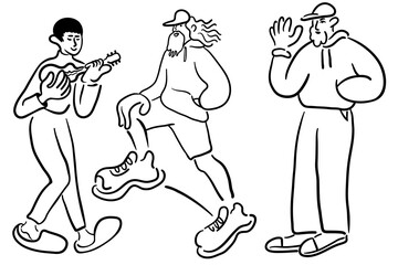 cartoon people doodle style. set of men and women in different poses.print advertising poster template.people in lines