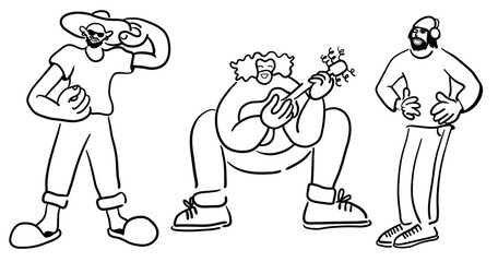 cartoon people doodle style. set of men and women in different poses.print advertising poster template.people in lines