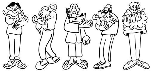 cartoon people doodle style. set of men and women in different poses.print advertising poster template.people in lines