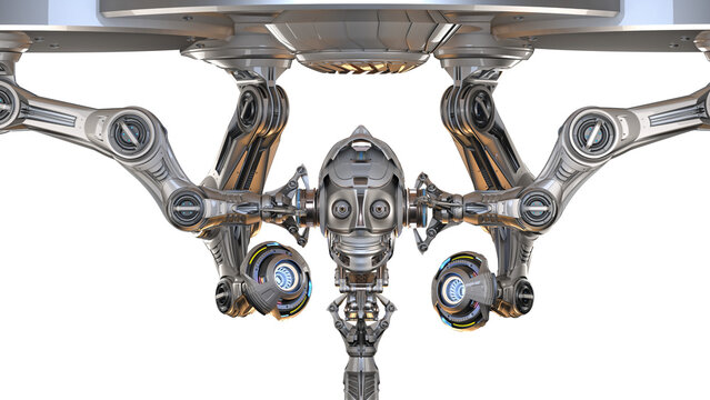 Futuristic robot head or humanoid face under construction by mechanical assembly arms. Cyber factory isolated on transparent background. 3d rendering