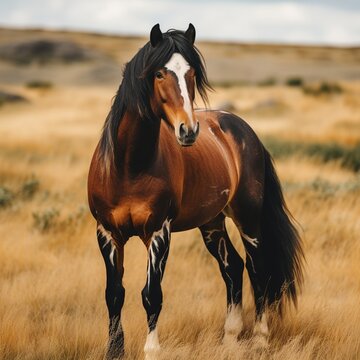 A beautiful brown horse with a long black mane and tail stands in a field of tall yellow grass