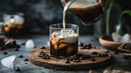 Dairy creamer or milk is poured into iced coffee. Glass of iced coffee with milk, iced latte, with coffee beans on a light background. Drinks concept.