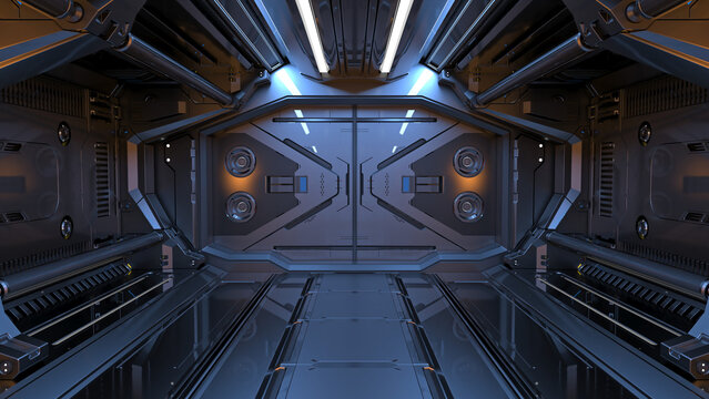 Sci-fi space corridor interior or dark mechanical tunnel with futuristic mechanisms, tubes and doors. 3d rendering
