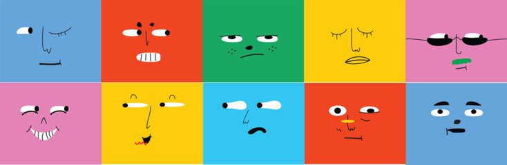 Diverse people face doing funny mood expression and emotion. Colorful avatar design set, 
modern flat cartoon character collection in simple doodle art style 
for psychology concept or social reaction