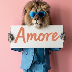 a handsome lion wearing a blue suit and blue sunglasses is holding a big sign with text "amore". Surreal valentine concept. Generative AI