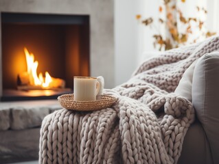 Fototapeta na wymiar Beige chunky knit throw on grey sofa. Сoffee table with candles against fireplace. Scandinavian farmhouse, hygge home interior design of modern living room