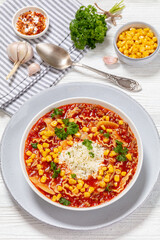 lasagna soup with ground beef, corn, tomato paste