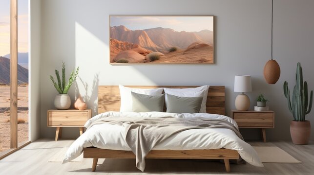 Desert landscape painting in a modern bedroom
