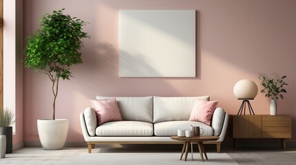 A sofa in a living room with a pink wall