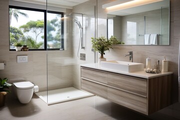 Ensuite bathroom with large shower and vanity - obrazy, fototapety, plakaty