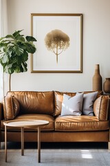 brown leather couch with tree art