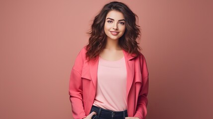 A full-length shot of a beautiful darkhaired woman standing in a confident pose in an indoor portrait of a girl who is pleased with her hair and wears a pink jacket and jeans.