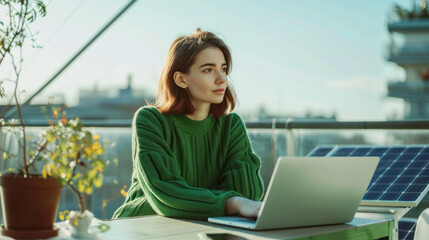 Young woman with a laptop at a table works on the roof near solar panels. Beautiful woman in a green sweater works outdoors. Concept of remote work, alternative energy. Lifestyle. - obrazy, fototapety, plakaty