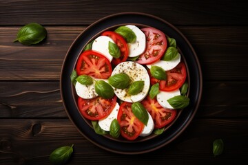 Caprese Salad. fresh tomatoes, mozzarella chees, basil, top view on a wooden background