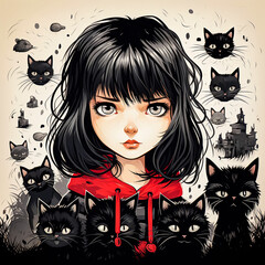 Girl with black hair, surrounded by cats