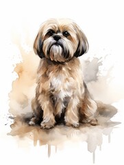 Sitting Lhasa Apso in a Himalayan Setting Watercolor Illustration AI Generated