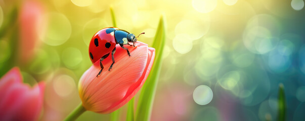 Obraz na płótnie Canvas Red ladybug on spring flower