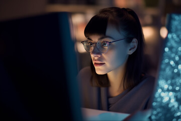 woman in glasses working on notebook