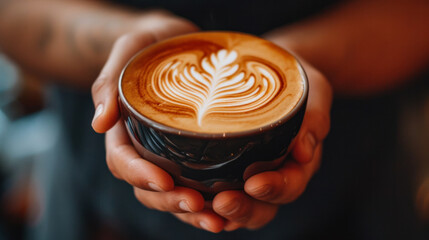 Close-up of a man making latte art in a cup of coffee. Male hands holding a cup of coffee with latte art. Drinks concept. - obrazy, fototapety, plakaty